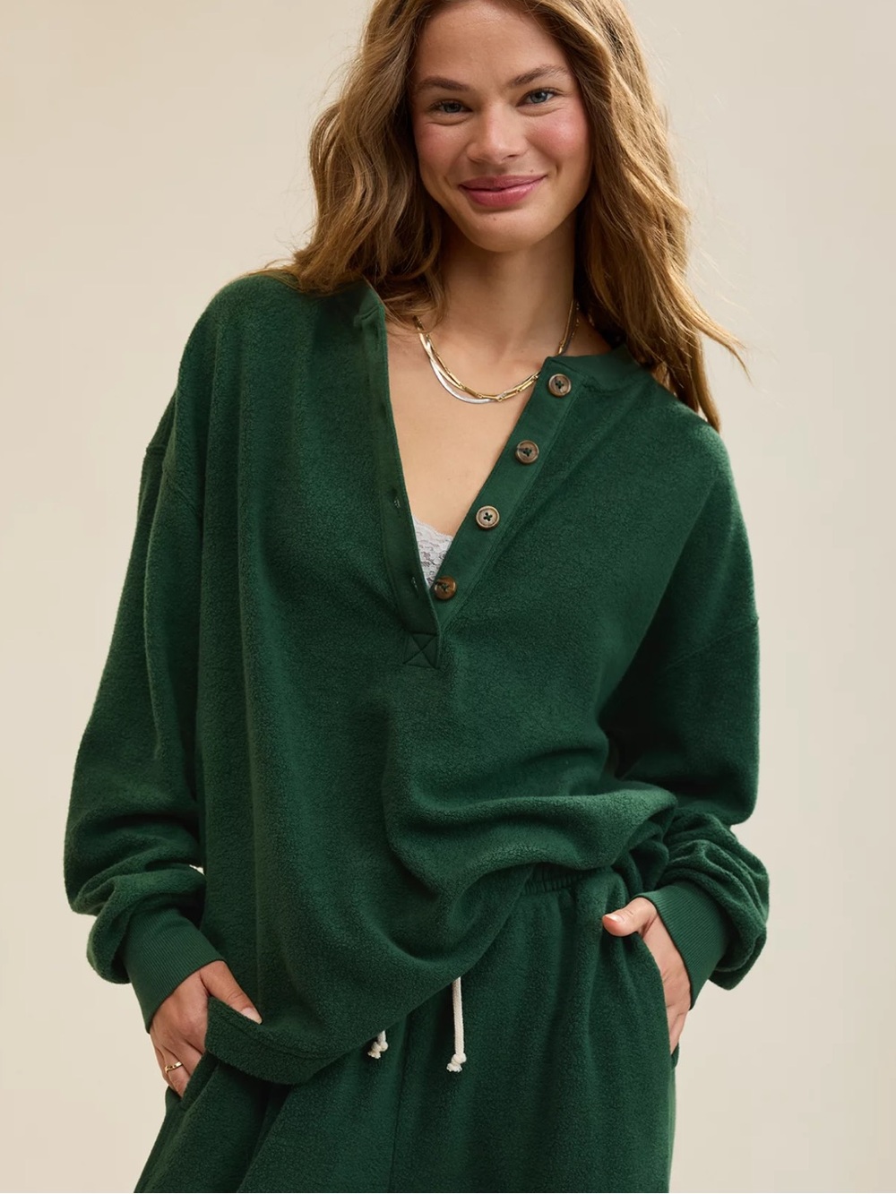 Aerie Sherpa Henley Rugged Green Oversized Fleece Pullover Sweatshirt NWT XXL